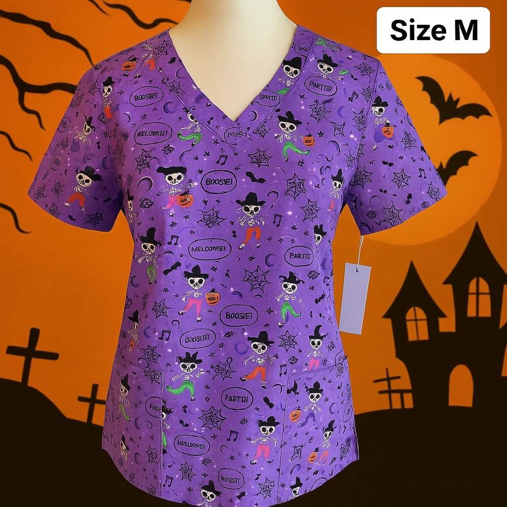 COPY - NWT Halloween Scrub Top Purple Dancing Skeletons Size Medium